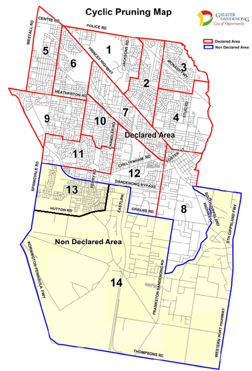 Map of Greater Dandenong outlining the areas for cyclic pruning