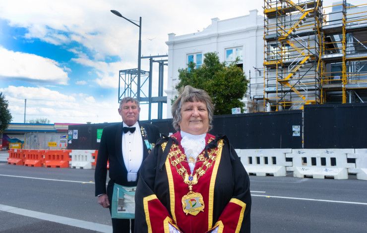 Mayor Cr Angela Long and her husband Barry at the time capsule and redevelopment site, 5 Mason Street, Dandenong