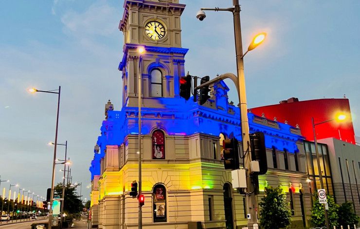 The Drum Theatre lit up in blue and yellow in support of the people of Ukraine