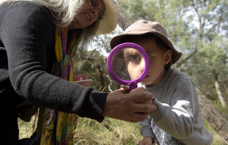 Child discovering nature through a magnifying glass.
