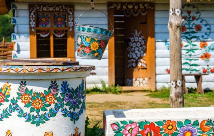 Floral art decorates a house.