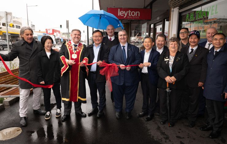 Greater Dandenong Councilloes and local MPs cutting the ribbon to open the new precinct