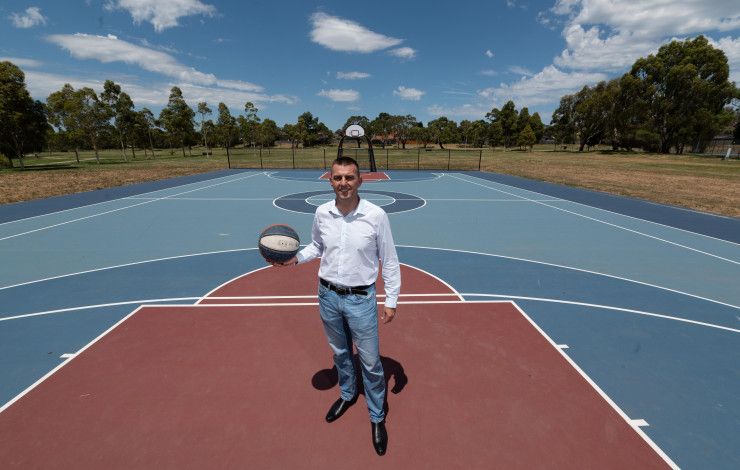 Councillor Bob Milkovic at the Tirhatuan Park basketball court
