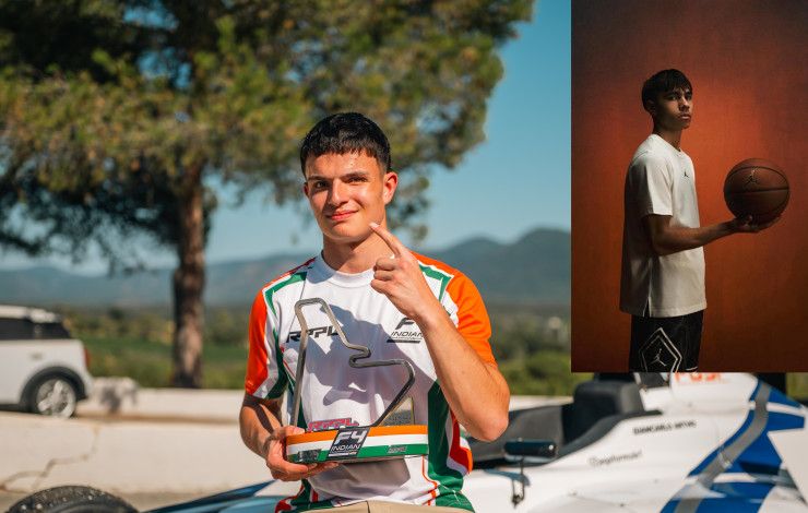 Main photo of a teenager leaning on a race car holding his finger up in a number one sign. Inset photo of a young man holding a basketball standing side on and looking towards the camera.
