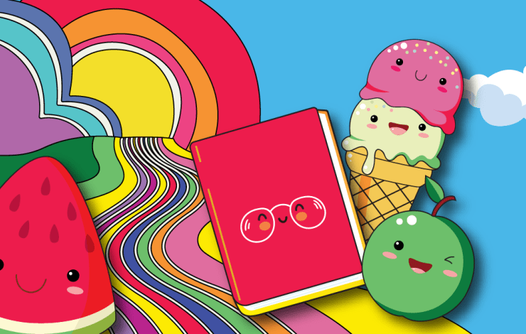 Cartoon images of a watermelon, book, ice cream and apple as characters.