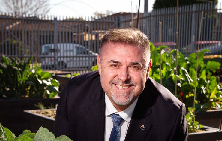 Man smiling at the camera crouching behind a leafy green plant.