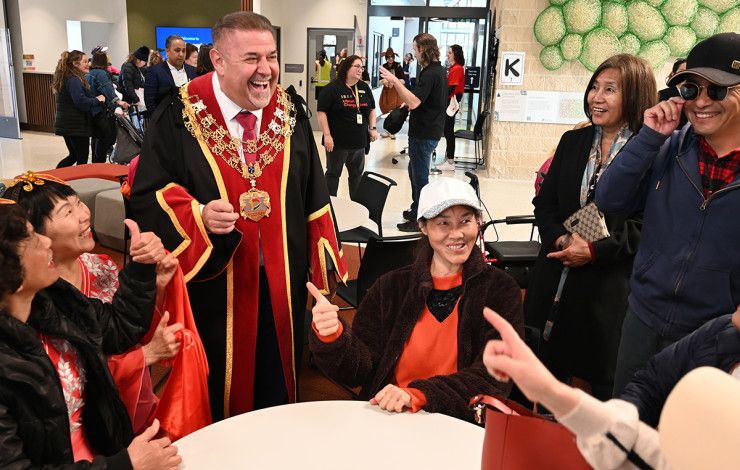 Mayor Cr Jim Memeti at the Community Hub opening with other people