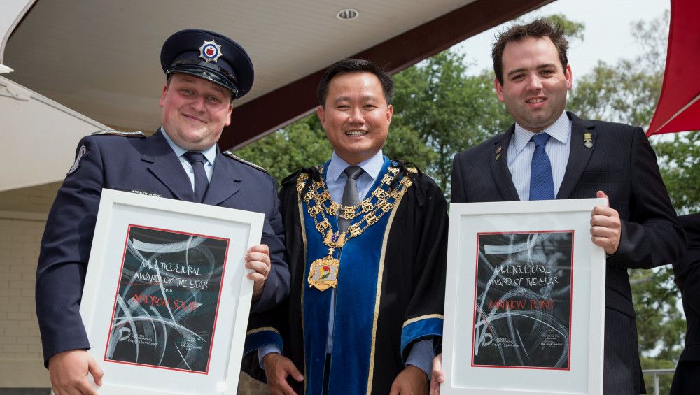 Andrew South and Matthew Pond, Noble Park CFA Noble Park with Mayor, Heang Tak