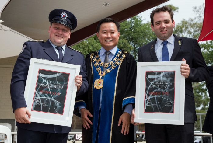 Andrew South and Matthew Pond, Noble Park CFA Noble Park with Mayor, Heang Tak