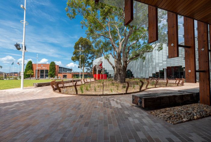Outside of the Hub looking at the red gums