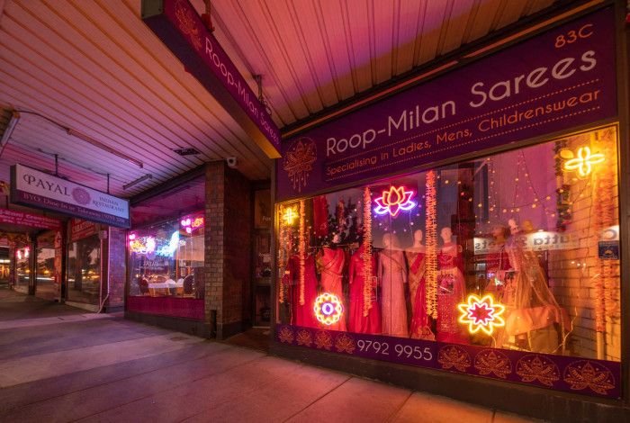 Shops in the Little India Precinct with the neon lighting