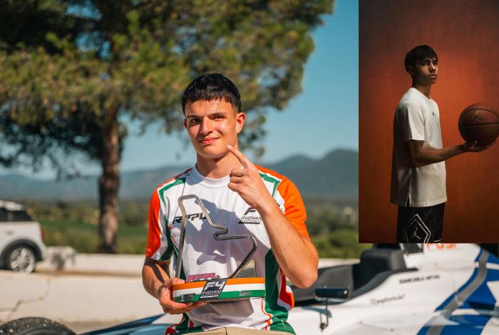 Main photo of a teenager leaning on a race car holding his finger up in a number one sign. Inset photo of a young man holding a basketball standing side on and looking towards the camera.