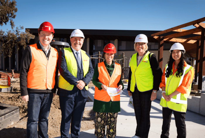 Member for Mordialloc Tim Richardson, Cr Jim Memeti, Victorian Minister for Children Lizzie Blandthorn, Council CEO Jacqui Weatherill and Cr Isabella Do visit the new Community Hub in Keysborough