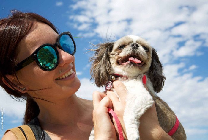 A woman wearing sunglasses holds a brown and white dog up next to her face in front of a cloudy blue sky.