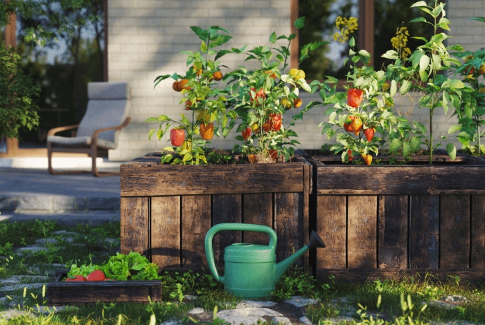 Plants within planter boxes on grass and water jug.