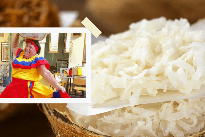 Image of dessert in the background with men dressed in Colombian yellow, red and blue dress. 