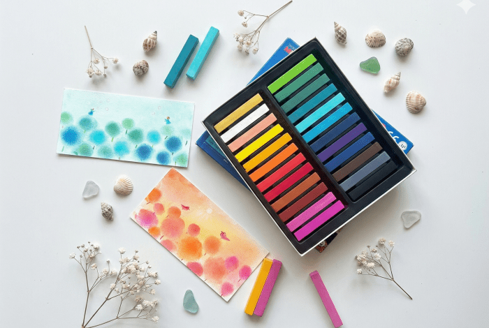 Artworks in pastel displayed against white background with small objects such as pastels, seashells and cut flowers.