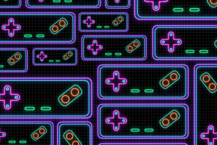 Neon retro game controller pattern on dark grid background.