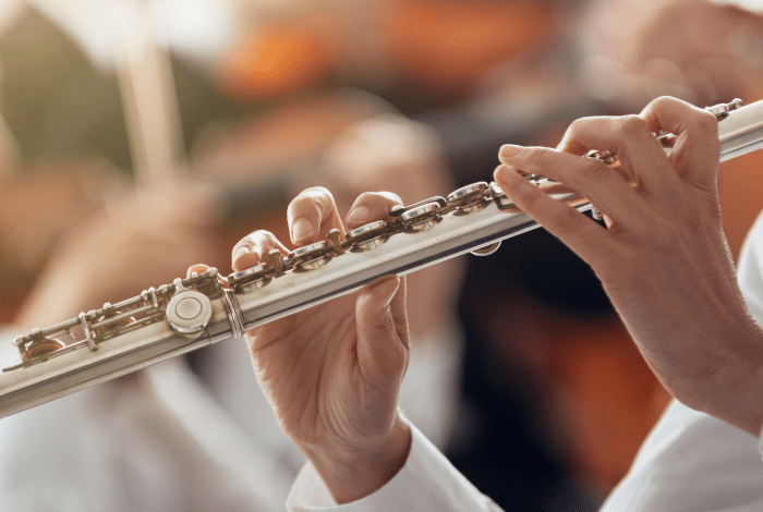 Closeup of person's hands playing a concert flute.