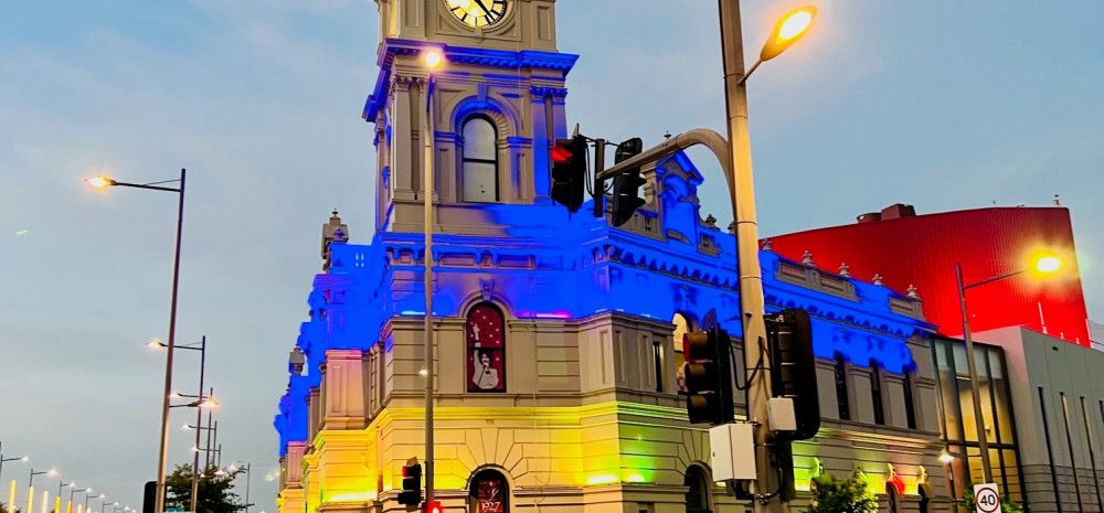 The Drum Theatre lit up in blue and yellow in support of the people of Ukraine