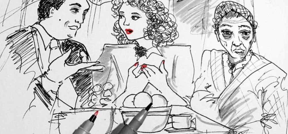 drawing of three people having conversation