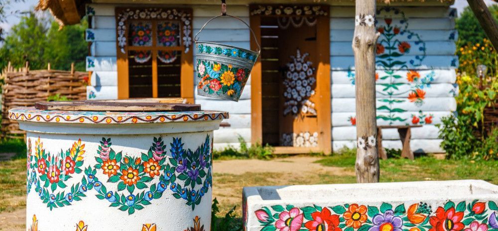 Floral art decorates a house.