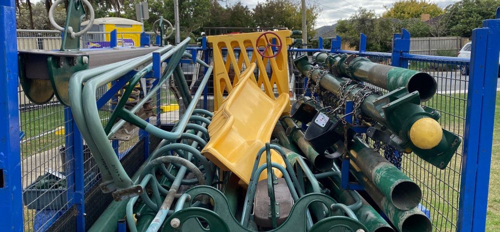 Disassembled play equipment at Sandra Reserve.