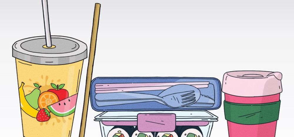 an illustration of reusable food and drink containers