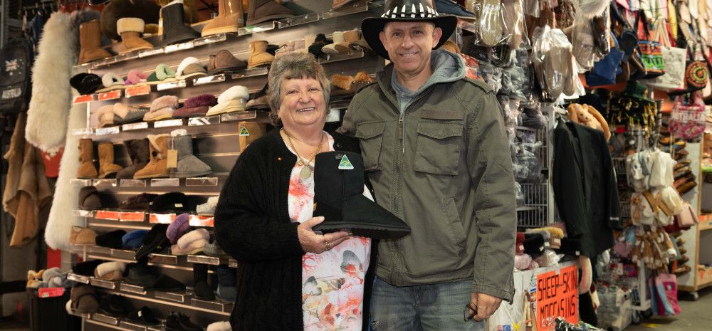 Councillor Angela Long with a Dandenong Market trader