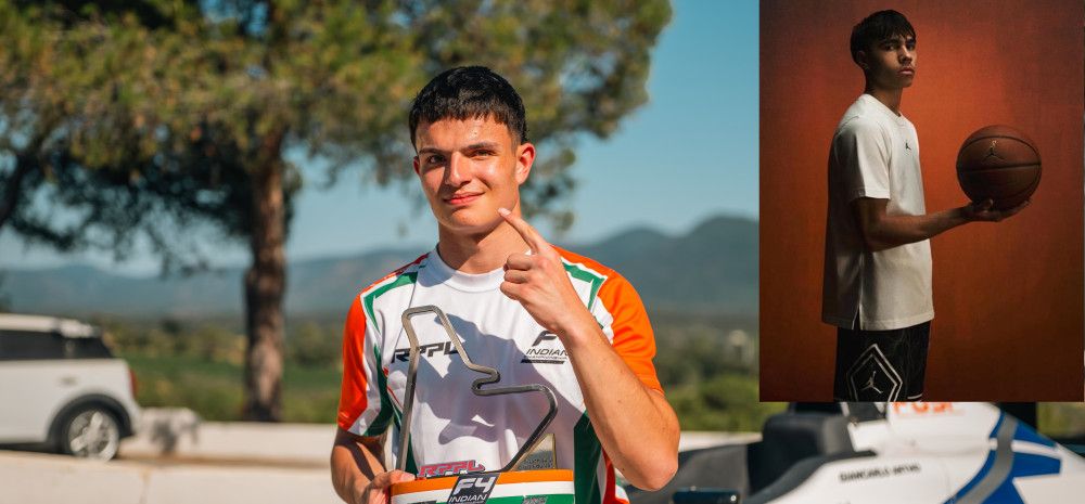 Main photo of a teenager leaning on a race car holding his finger up in a number one sign. Inset photo of a young man holding a basketball standing side on and looking towards the camera.