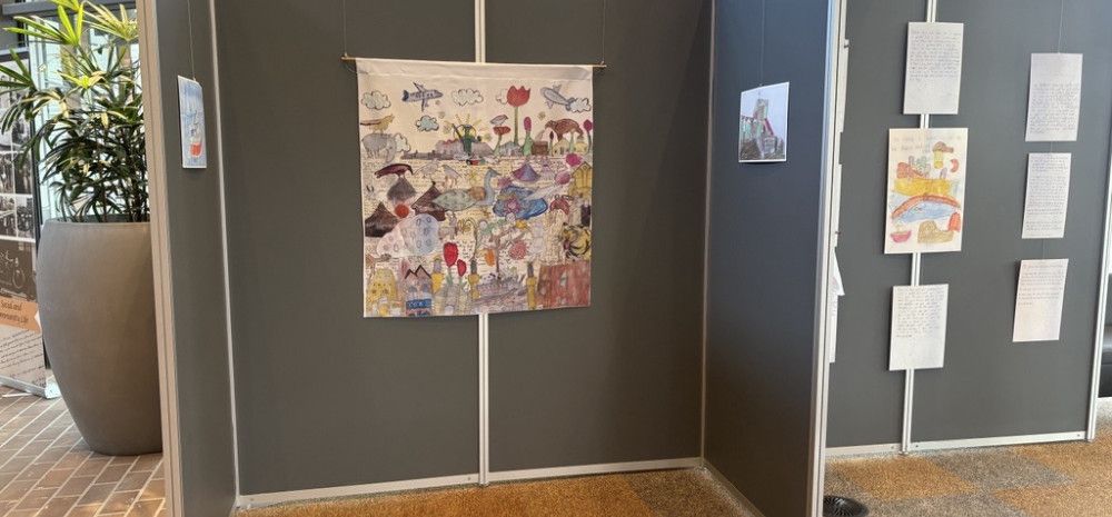 Children's artwork displayed on panel at WOW Childnre's exhibtion