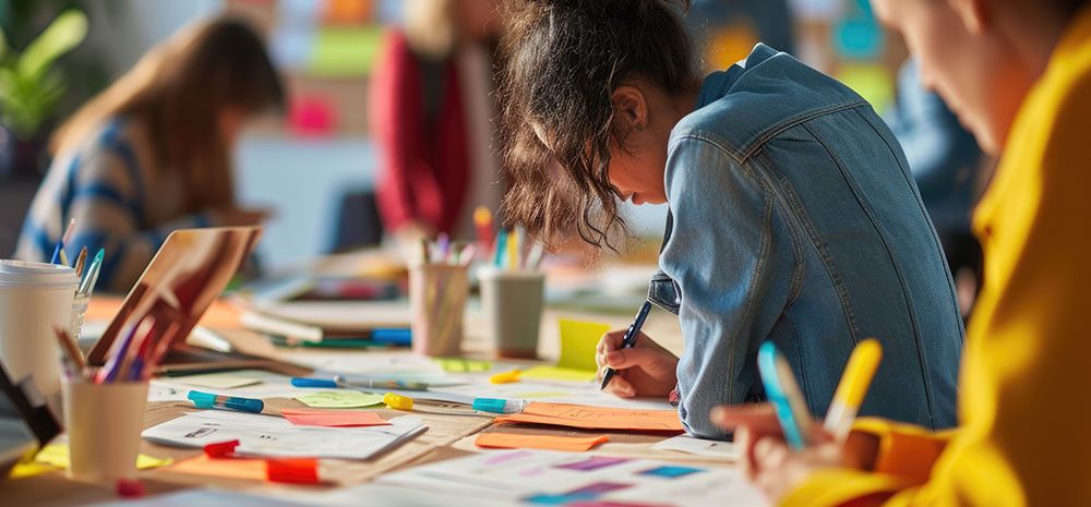 Prople dressed in bright colours writing on colourful sticky notes