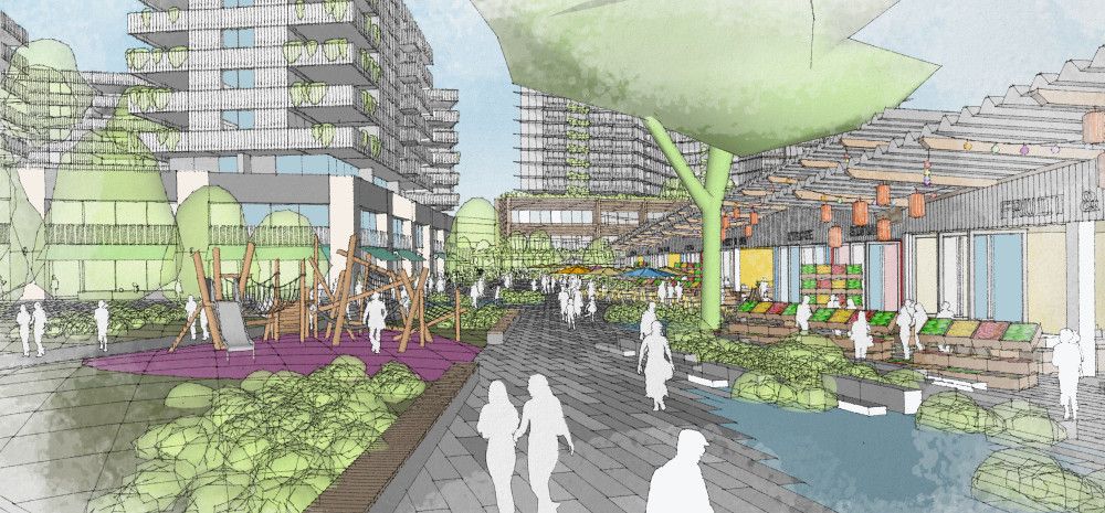 Artist impression from Pioneer Park and Market interface showing high quality public spaces and activated buildings.