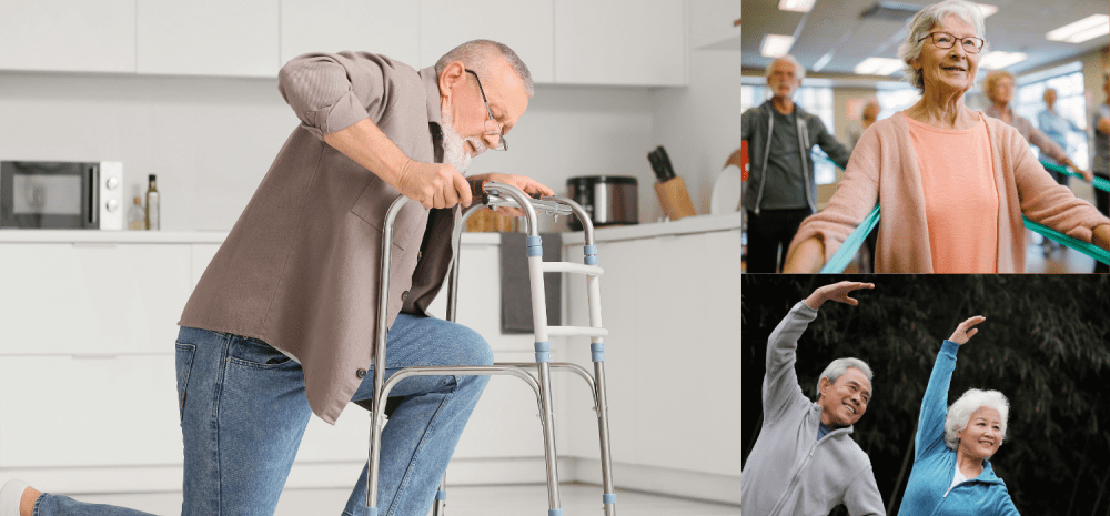 Older people exercising and standing from a kneeling position using an aid