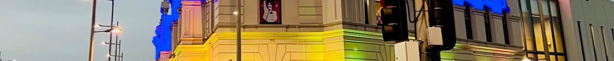 The Drum Theatre lit up in blue and yellow in support of the people of Ukraine