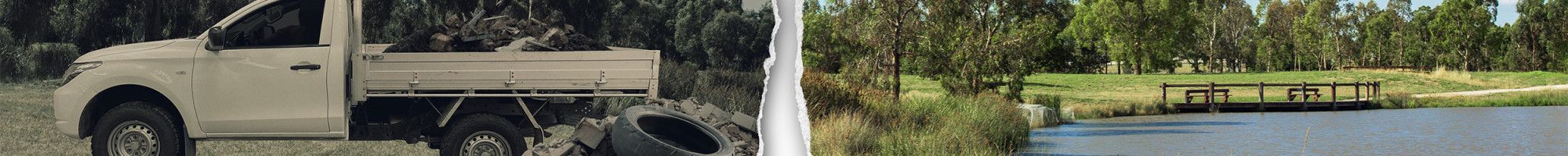 ute dumping rubbish and alternate image of clean park
