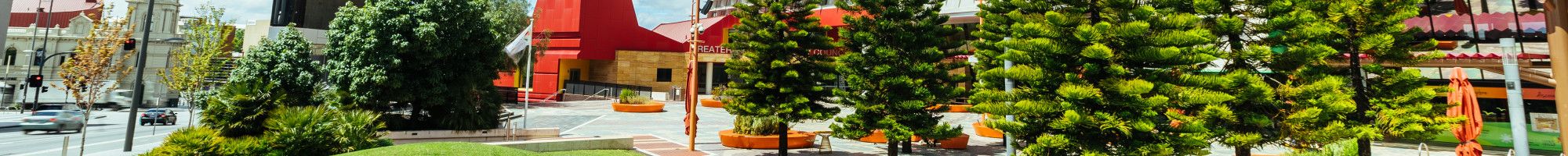 Cloudy blue sky overlooking a cluster of pine trees and an open plaza in front of a large civic building.