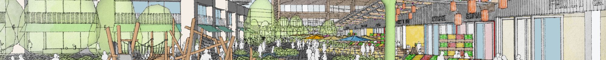 Artist impression from Pioneer Park and Market interface showing high quality public spaces and activated buildings.