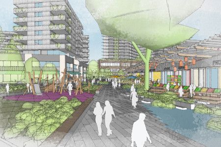 Artist impression from Pioneer Park and Market interface showing high quality public spaces and activated buildings.