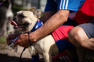 A person holding a dog.
