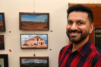  Community Connections Award Winner 2025 - Talwinder Singh with his work: Dandenong Butter Factory, acrylic on canvas with palette knife. This award was sponsored by Bendigo Bank Dingley Village Community Bank. Photographer: Carla Gottgens.