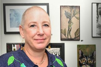 Highly Commended Award Winner 2025 - Skye Petho with her work: We Come from Nature, watercolour on recycled timber with ink overlay. This award was sponsored by Holiday Inn Dandenong. Photographer: Carla Gottgens