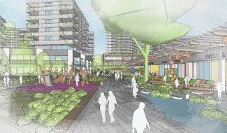 Artist impression from Pioneer Park and Market interface showing high quality public spaces and activated buildings.