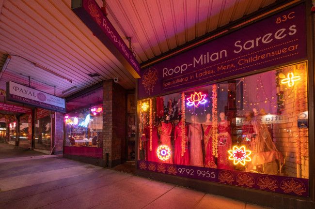 Shops in the Little India Precinct with the neon lighting
