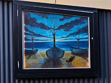 Painting of a small boat pointed out to sea. 