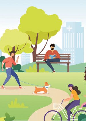 People in park riding bikes and walking