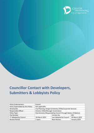 Councillor Contact with Developers, Submitters and Lobbyist Policy