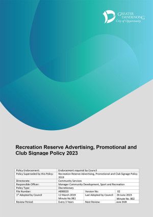 Recreation Reserve Advertising Promotional and Club Signage
