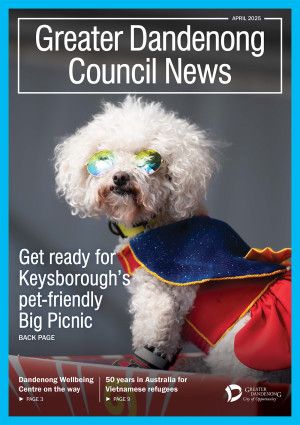 Council News April 2025 Dog with sunglasses and clothing on the front cover
